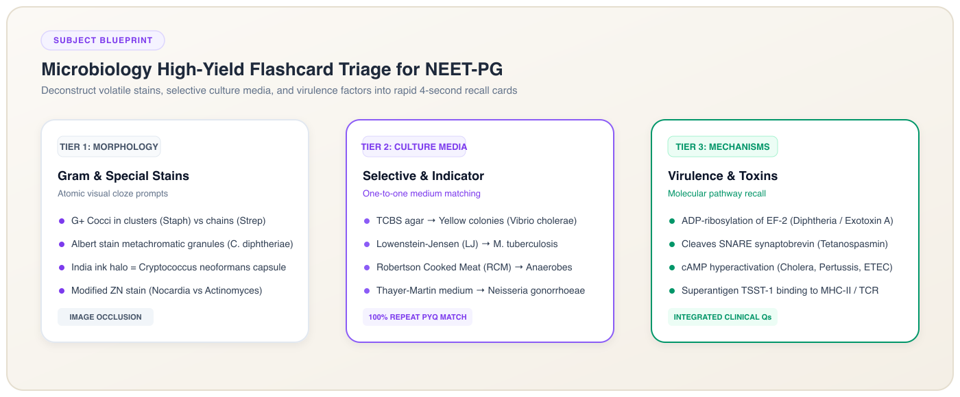 Microbiology High-Yield Classification Matrix: Gram stain triage, media selection, and toxin mechanisms for NEET-PG